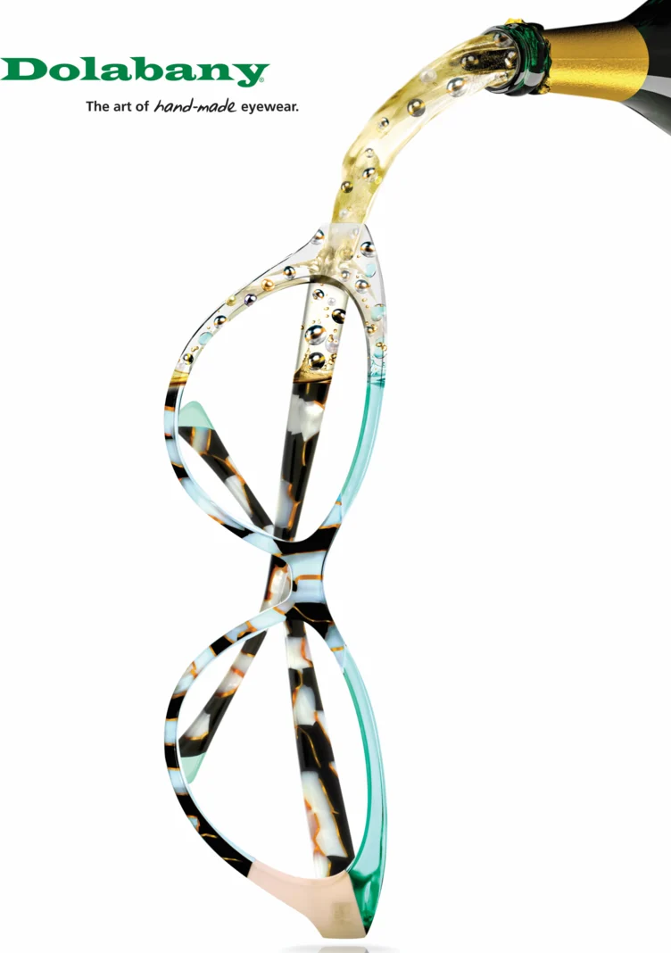 Dolabany Thousand Kisses advertisement, with champagne poured over a pair of patterned acetate frames