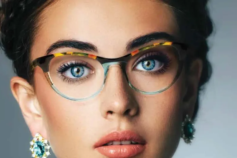 Close view of a woman wearing multicolored Dolabany acetate frames