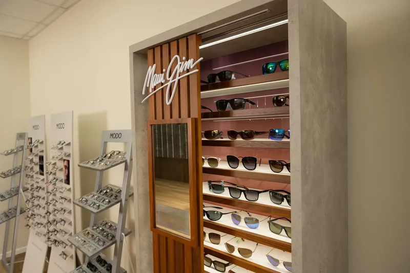 The lighted Maui Jim sunglasses tower in the Kingsley Optical showroom