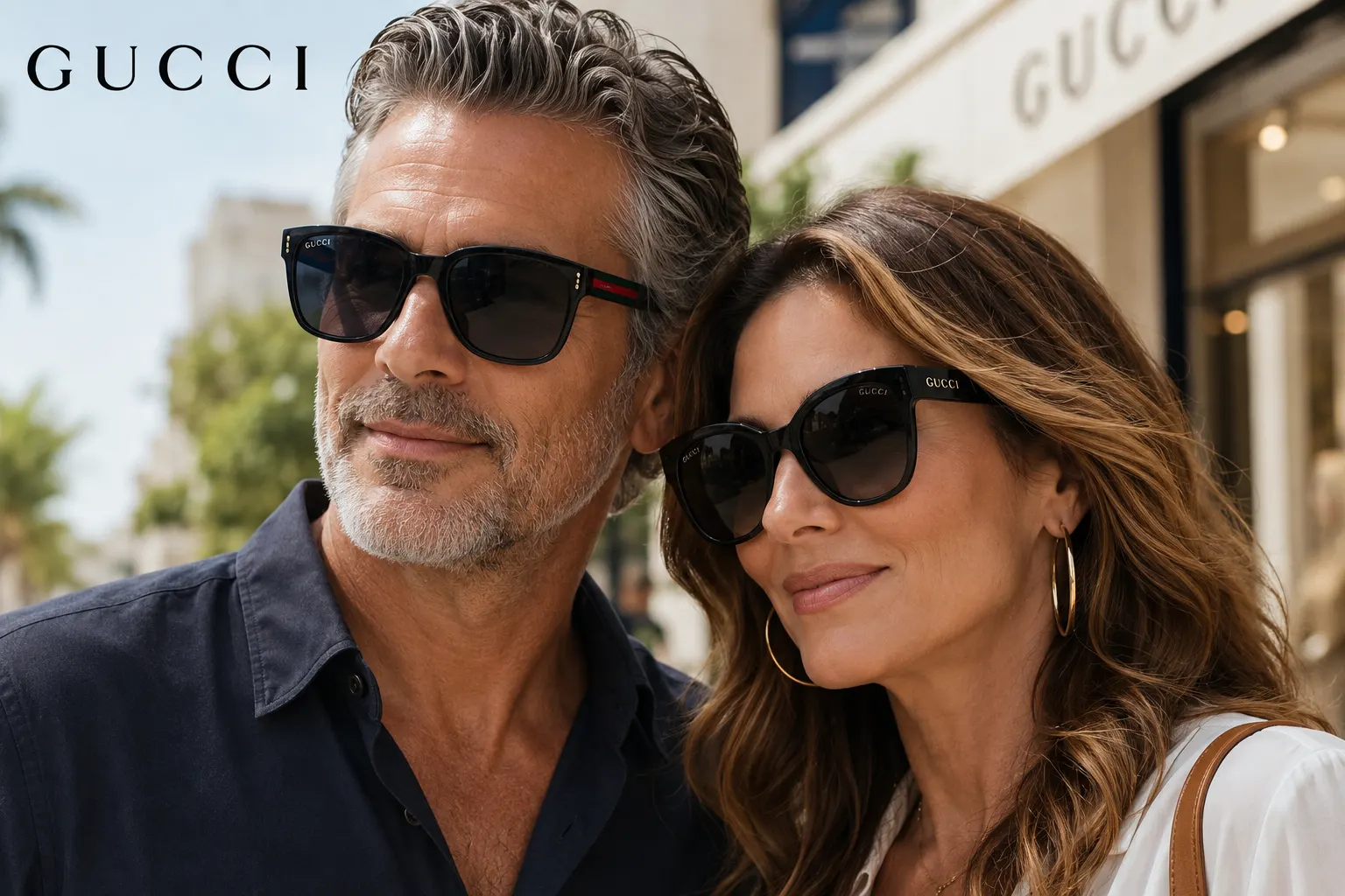 Couple wearing black Gucci sunglasses outside a storefront