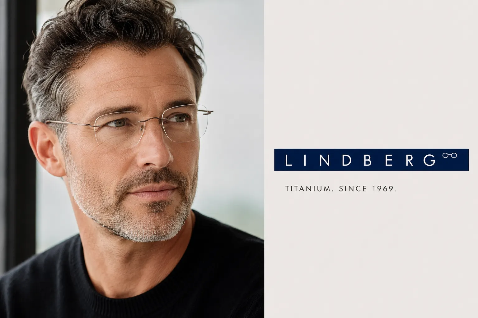 Man in rimless titanium eyeglasses beside the Lindberg logo