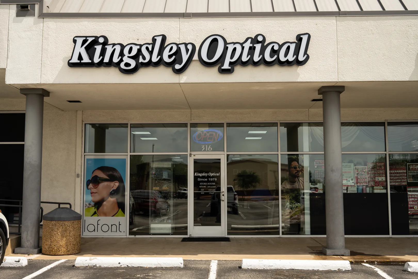The Kingsley Optical storefront entrance in Dallas